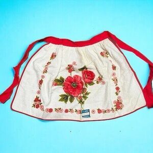 NWT Vintage Terry Cloth Red Pink Poppies Floral Flower Half Apron Red Trim READ